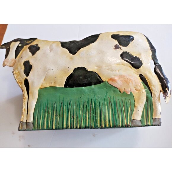 Vintage Hand Made Cow Tin Art Planter Box 12 1/2" long x 9" tall x 5.5" wide - Picture 2 of 14